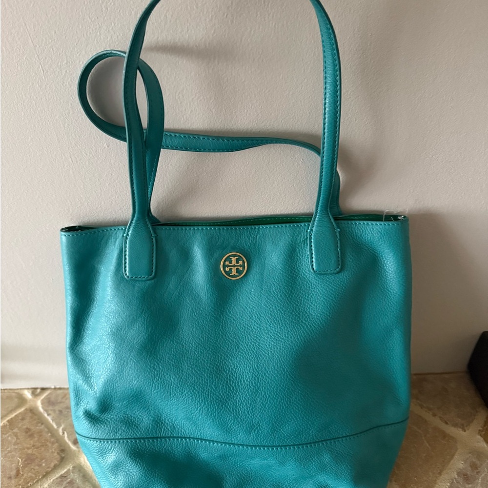Tory Burch Teal Leather Tote Bag